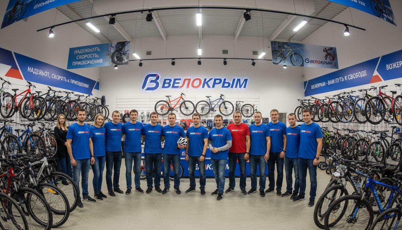 Трое сотрудников велосипедного магазина стоят с горными велосипедами на фоне крымского горного пейзажа в неформальных позах, спортивная одежда, искренние улыбки
